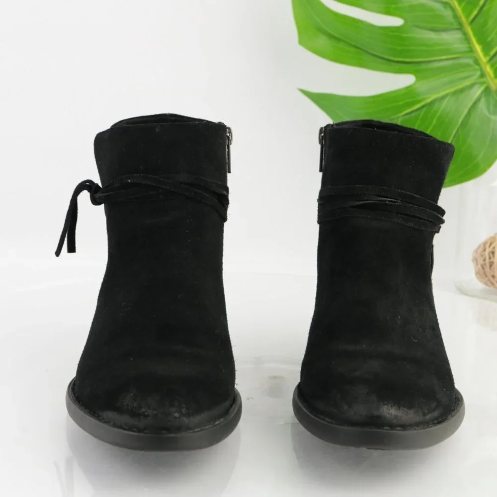 Born Womens Isobelle Boots Size 10 Black Suede Distresed Booties Low Heel Fringe